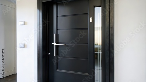 Modern Black Door with Silver Handle and Glass Panel