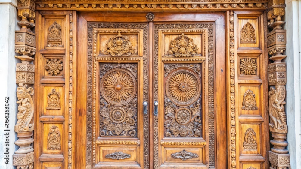 Fototapeta premium Intricately Carved Wooden Double Doors with Ornate Detailing