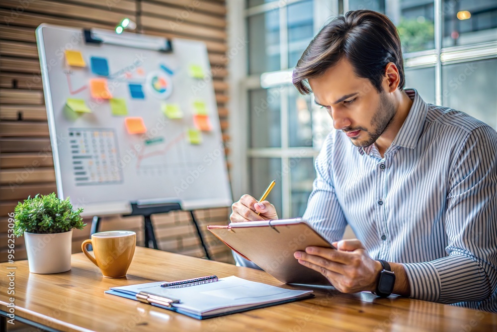 Entrepreneur brainstorming ideas for a business plan on a large notepad, startup concept Entrepreneur brainstorming ideas for a business plan on a large notepad, startup concept