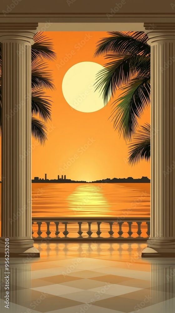 Fototapeta premium Sunset View from a Grecian-Style Balcony Overlooking the Sea