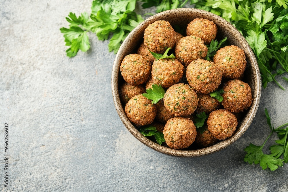 Bowl of falafel with parsley garnish. Perfect for showcasing Middle Eastern cuisine or vegetarian meals. Bowl of falafel with parsley garnish. Perfect for showcasing Middle Eastern cuisine or vegetarian meals.