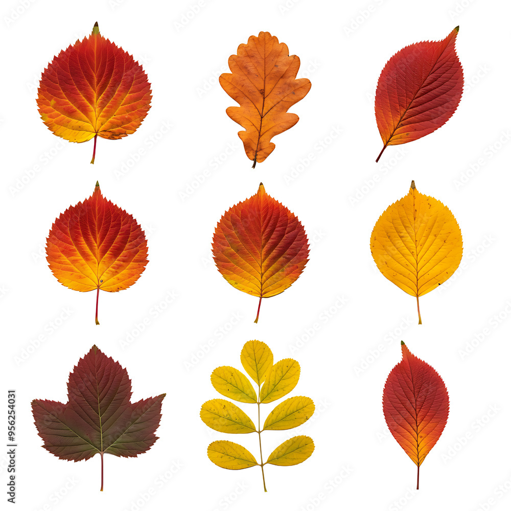 Obraz premium collection of autumn leaves. leaf of oak, maple, hawthorn, aspen. red and yellow foliage. herbarium. png isolated background. transparent background