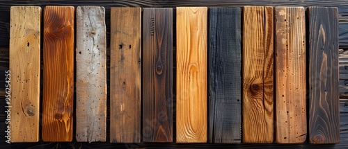 Set of oak wood samples, showcasing the grain patterns from classic golden to dark stained oak