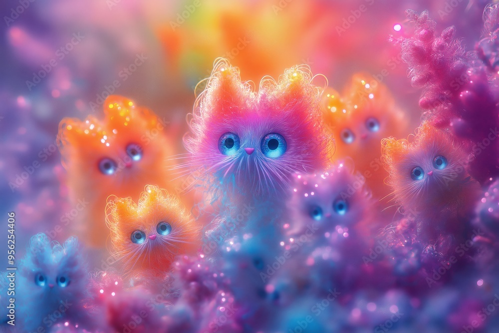 Cute furry kittens with big blue eyes in a magical setting Cute furry kittens with big blue eyes in a magical setting