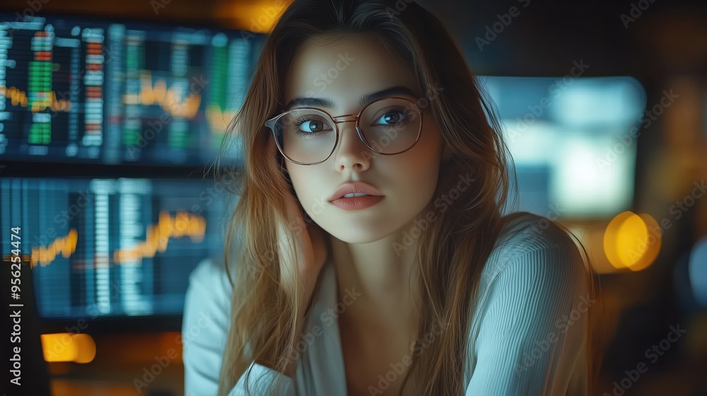 Woman wearing glasses looks directly at the camera, with multiple computer screens displaying stock market data behind her, symbolizing expertise in financial analysis. Woman wearing glasses looks directly at the camera, with multiple computer screens displaying stock market data behind her, symbolizing expertise in financial analysis.