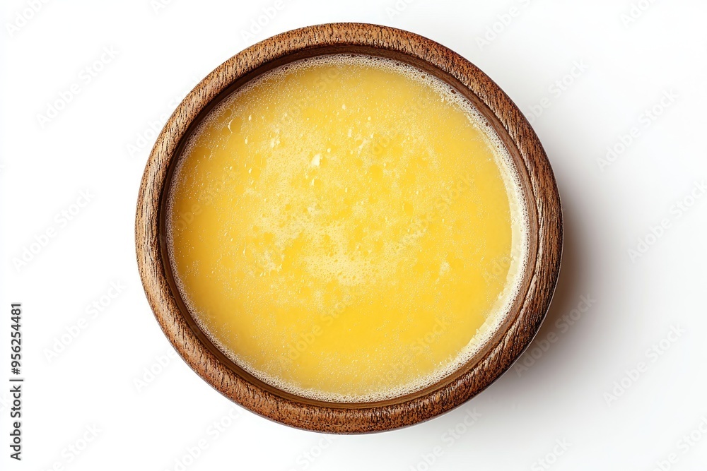 Ghee in a wooden bowl on white. A top view of a bowl of ghee, a clarified butter popular in Indian cuisine, perfect for cooking or as a healthy fat. Ghee in a wooden bowl on white. A top view of a bowl of ghee, a clarified butter popular in Indian cuisine, perfect for cooking or as a healthy fat.