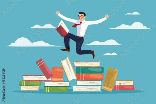 Smart Businessman Jumping Over High Books Stack to Gain Knowledge and Wisdom for Career Opportunities