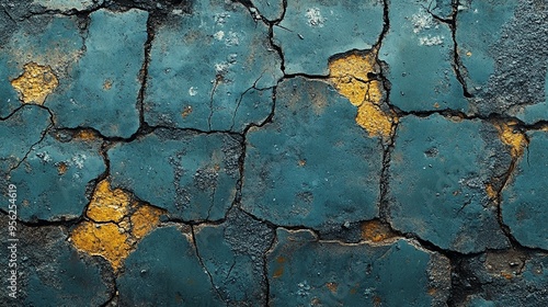 Cracked Blue Paint Texture: A close-up shot of weathered blue paint, revealing a mosaic of cracks and peeling layers, exposing the yellow undercoat. The texture evokes a sense of time, decay, and resi photo