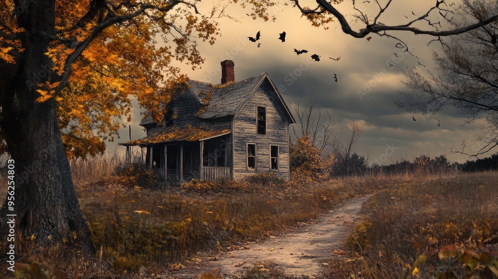 Obraz premium Old Farmhouse in Autumn Horror Halloween Setting. AI generated illustration