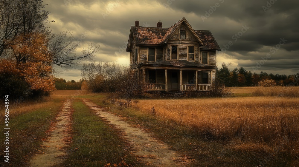Old Farmhouse in Autumn Horror Halloween Setting. AI generated illustration Old Farmhouse in Autumn Horror Halloween Setting. AI generated illustration