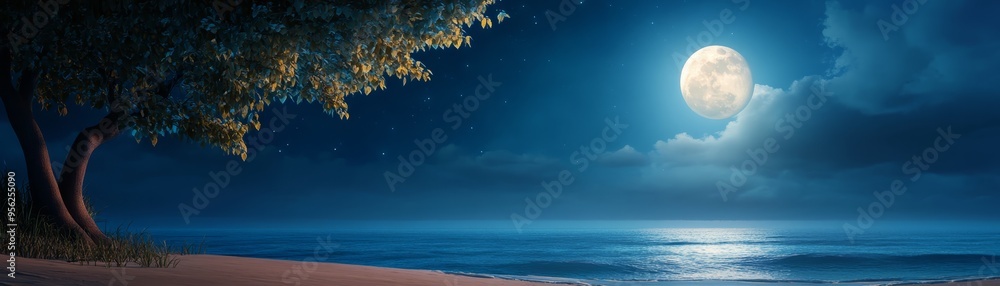 Tranquil Nighttime Beach Scene with Full Moon and Stars Tranquil Nighttime Beach Scene with Full Moon and Stars