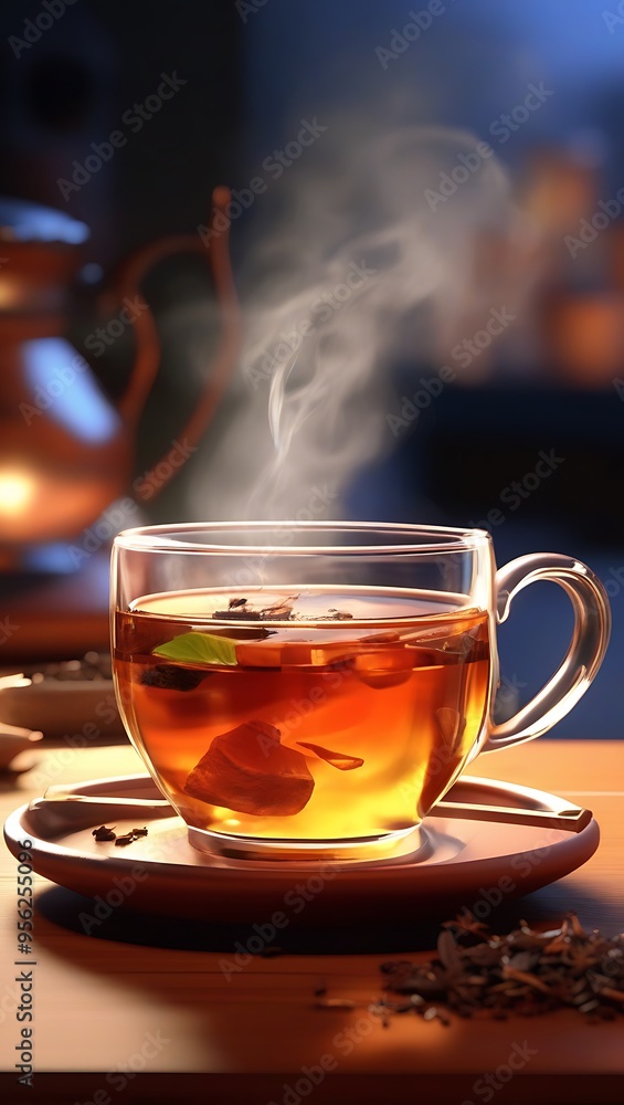 Aromatic tea in cup, Green green, leaves Aromatic tea in cup, Green green, leaves
