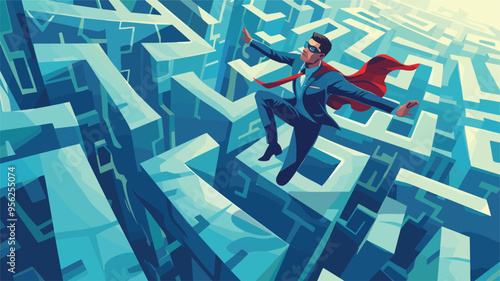 Superhero Businessman Flying to Solve Complex Maze Puzzle with Expertise