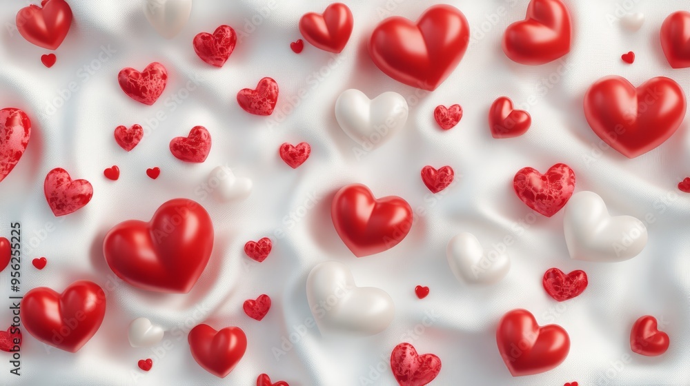 Red and White Hearts on White Fabric Background Romantic Love Concept Red and White Hearts on White Fabric Background Romantic Love Concept