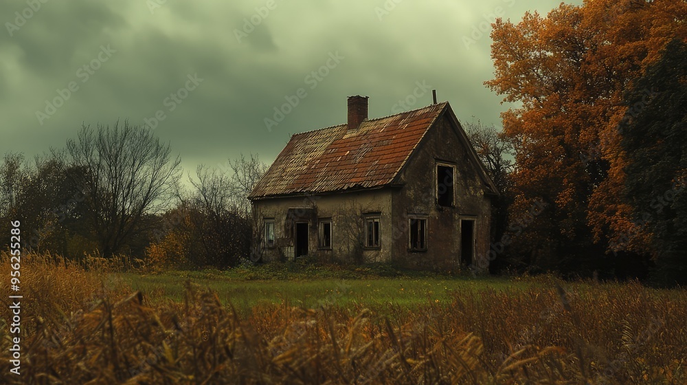 Obraz premium Old Farmhouse in Autumn Horror Halloween Setting. AI generated illustration