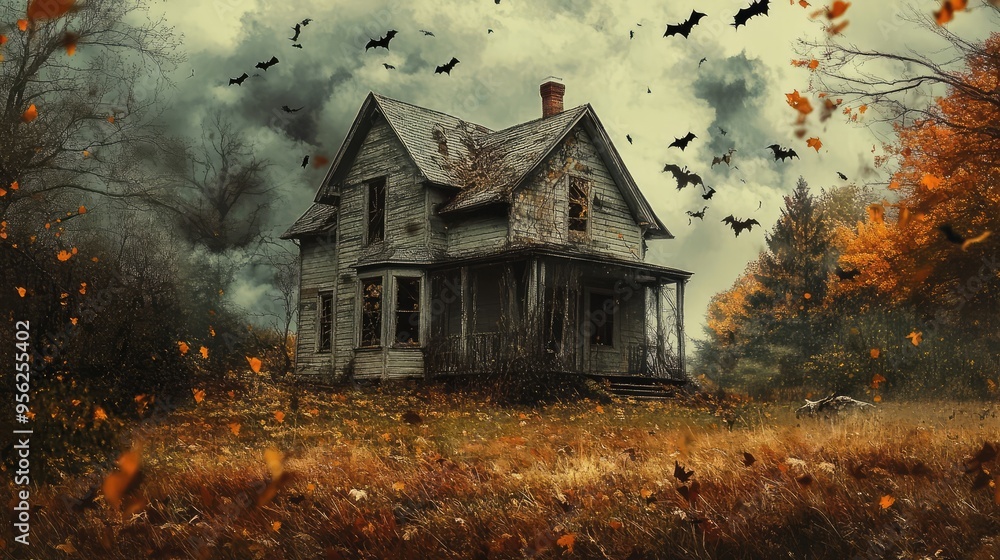 Old Farmhouse in Autumn Horror Halloween Setting. AI generated illustration Old Farmhouse in Autumn Horror Halloween Setting. AI generated illustration