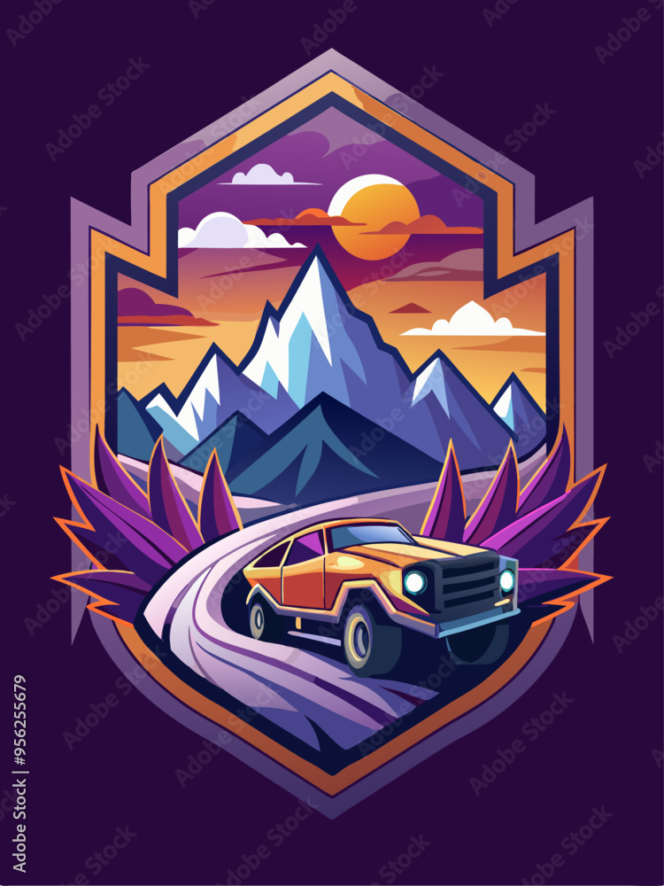 Obraz premium Sunset Mountain Drive with a Retro Car