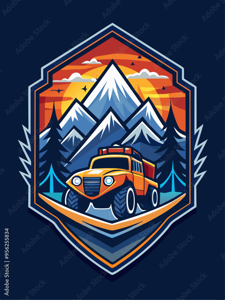 Naklejka premium Off-Road Vehicle in Mountainous Sunset Landscape