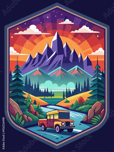 Sunset Landscape with Mountain Range and Truck Driving on River Road