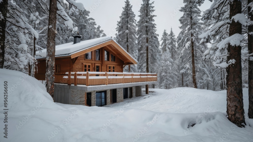 Snow-covered Scandinavian chalet with minimal winter design Snow-covered Scandinavian chalet with minimal winter design