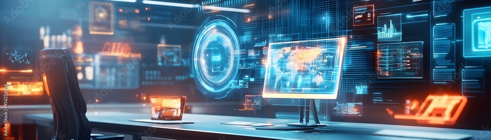 Futuristic Tech Workspace with Holographic Displays. Futuristic Tech Workspace with Holographic Displays.