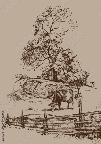 Rural landscape, tree and farm. Hand drawn vintage engraved sketch.skenery_50-07.eps