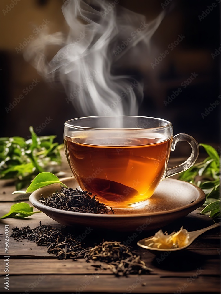 Aromatic tea in cup, Green green, leaves Aromatic tea in cup, Green green, leaves