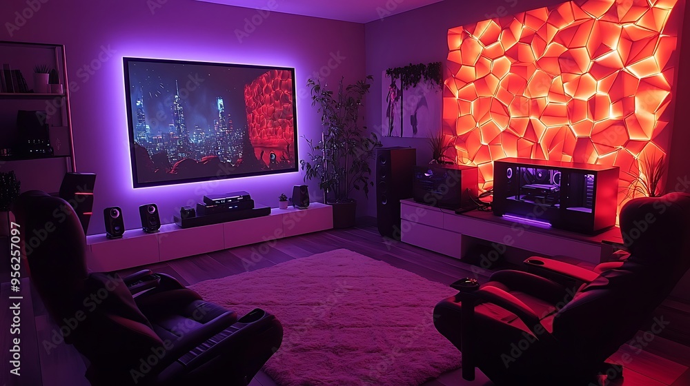 A cinematic gaming room designed like a luxury home theater, with a massive projection screen, surround sound system, and comfortable recliners, A cinematic gaming room designed like a luxury home theater, with a massive projection screen, surround sound system, and comfortable recliners,