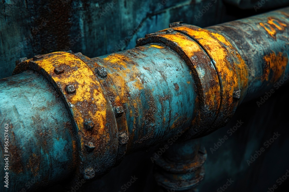 Close-up of a Rusty Industrial Pipe with Yellow Paint Close-up of a Rusty Industrial Pipe with Yellow Paint