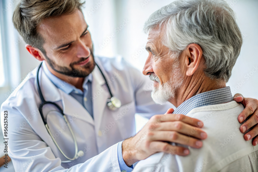 Young Doctor Comforting Senior Patient. Compassionate Healthcare. Young Doctor Comforting Senior Patient. Compassionate Healthcare.