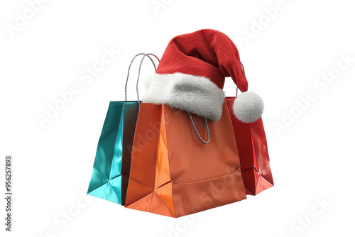 Colorful shopping bags with a festive Christmas hat, perfect for holiday shopping-themed designs and festive promotions.