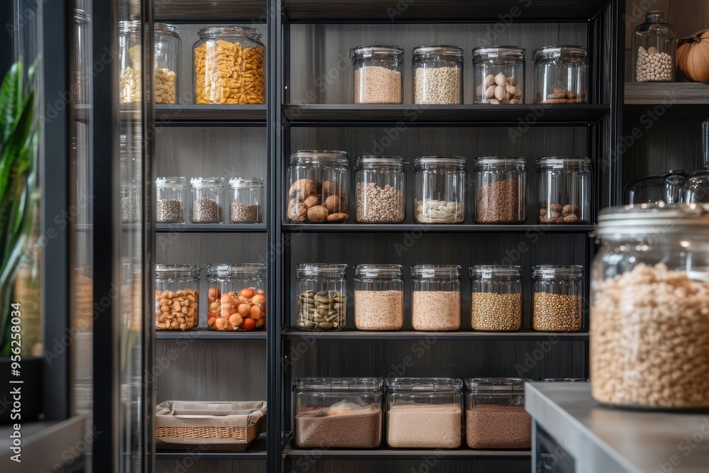Organized pantry with various jars of dry food items for easy access and storage. Organized pantry with various jars of dry food items for easy access and storage.