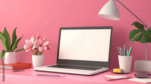 A stylish workspace featuring a laptop, fresh flowers, and decorative plants against a vibrant pink background. photo