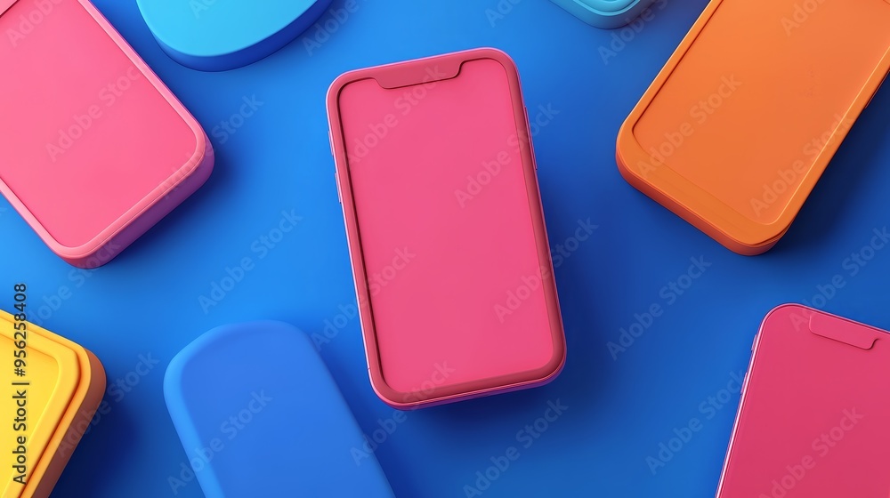 A vibrant collection of colorful smartphone cases displayed on a blue background, showcasing modern design and playful hues. A vibrant collection of colorful smartphone cases displayed on a blue background, showcasing modern design and playful hues.