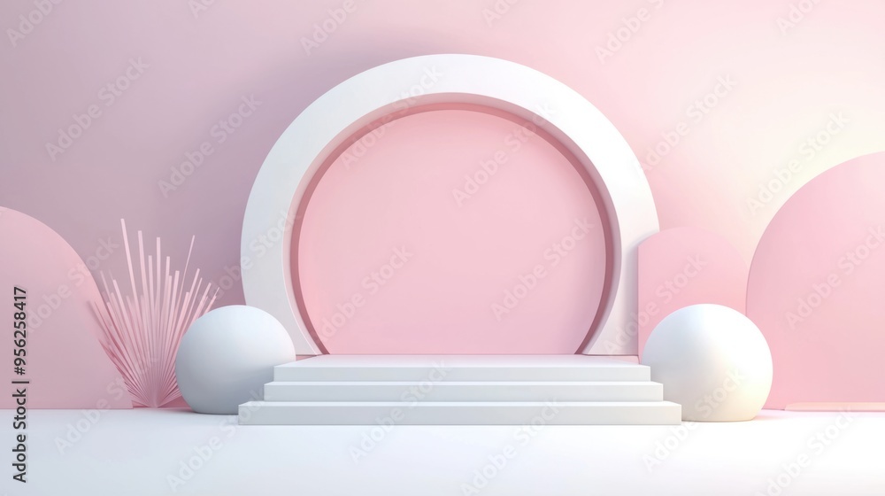 Fototapeta premium Elegant Blush Pink 3D Stage Design on Soft Pastel Monochrome Background