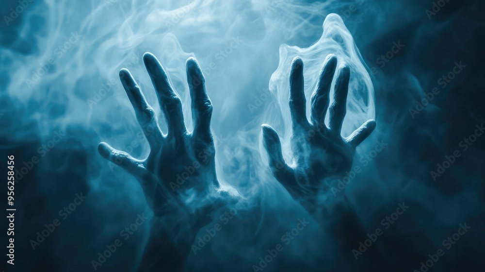 Ghostly Hands Reaching Out from the Ground, Trying to Escape the Spirit World. Halloween Concept. AI generated illustration Ghostly Hands Reaching Out from the Ground, Trying to Escape the Spirit World. Halloween Concept. AI generated illustration