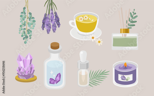 Alternative medicine concept. Herbal remedies, healing crystals, and Composition of bottles with medicinal herbs, aromatic oils, herbal tinctures and vitamin tea. Natural wellness and therapy.