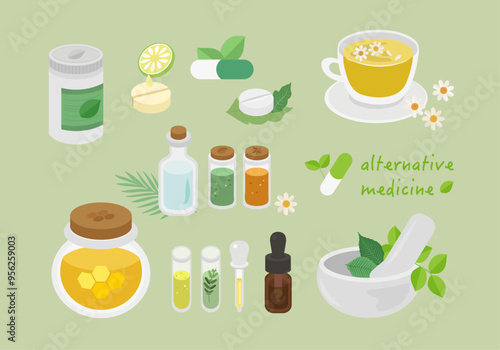 Nature herbal plant with bowl and mortar, herbal and floral products or medical cosmetics for therapy. Alternative medicine, treatment, healthcare concept.