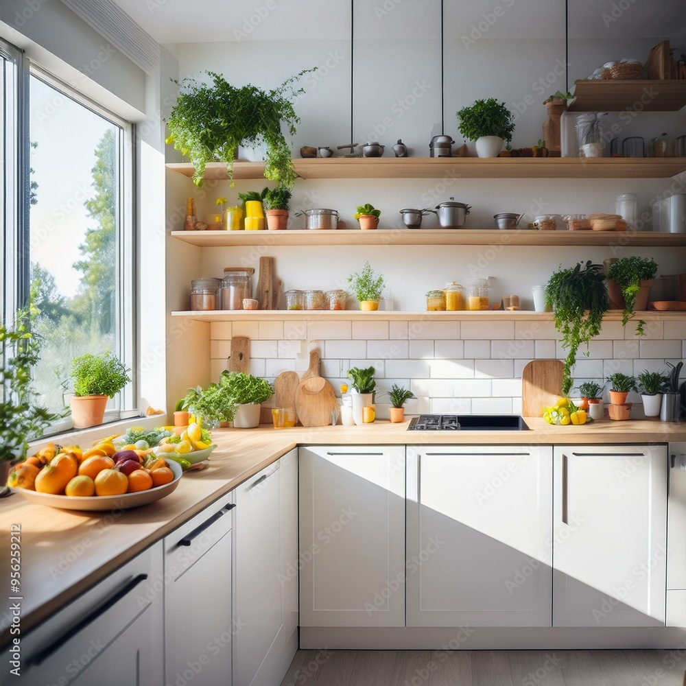 The general plan of a light white modern rustic kitchen with a modular metal staircase decorated with potted plants. Interior of a house with homeplants The general plan of a light white modern rustic kitchen with a modular metal staircase decorated with potted plants. Interior of a house with homeplants