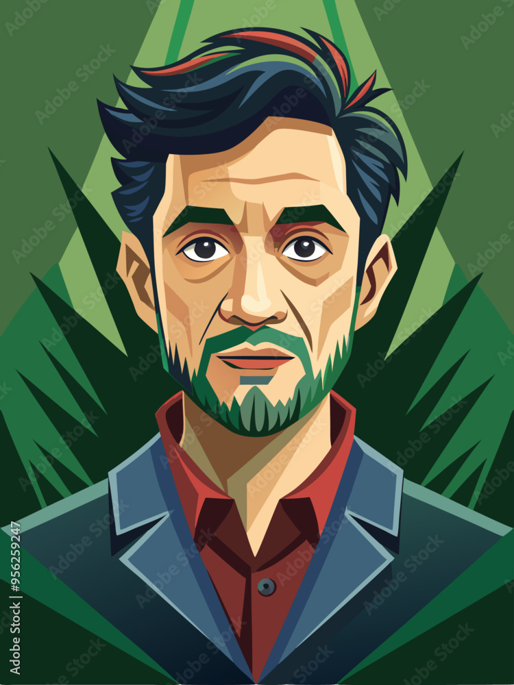 A Man with Black Hair, Green Beard, and a Red Shirt A Man with Black Hair, Green Beard, and a Red Shirt