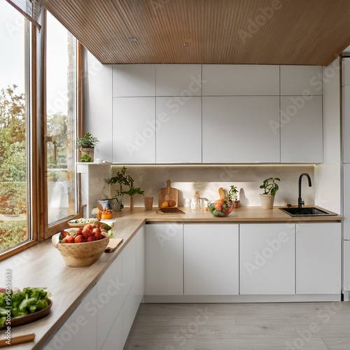 The general plan of a light white modern rustic kitchen with a modular metal staircase decorated with potted plants. Interior of a house with homeplants photo