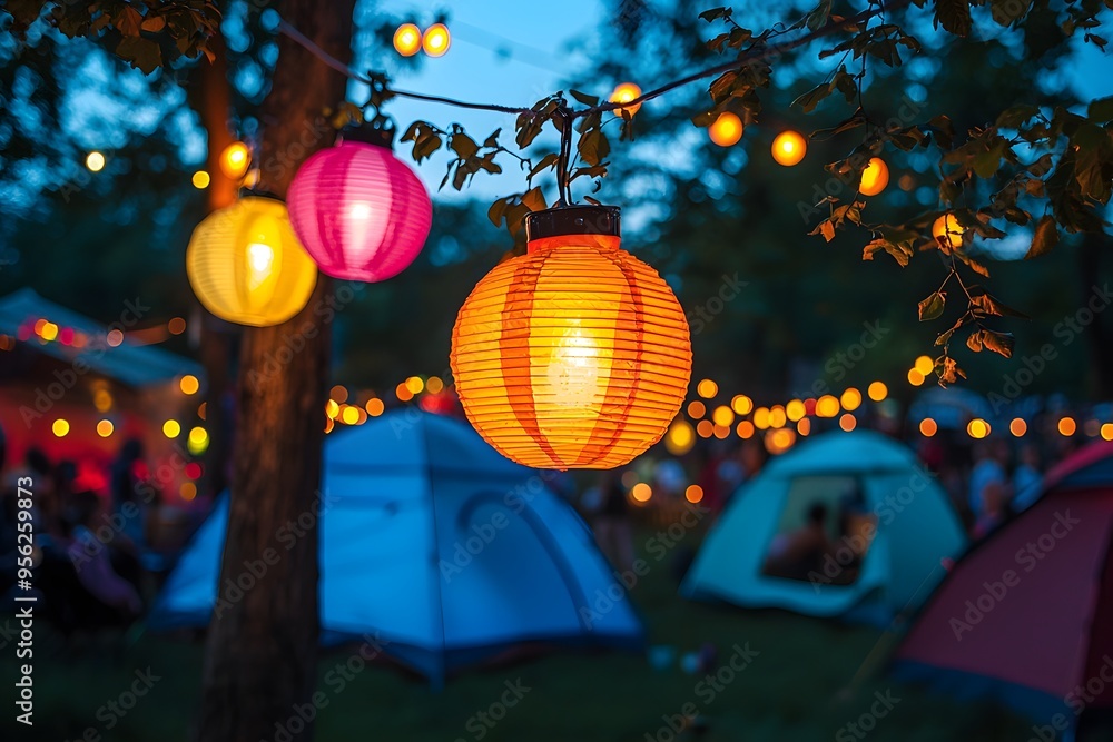 Obraz premium Colorful lanterns illuminating a lively campsite at dusk.