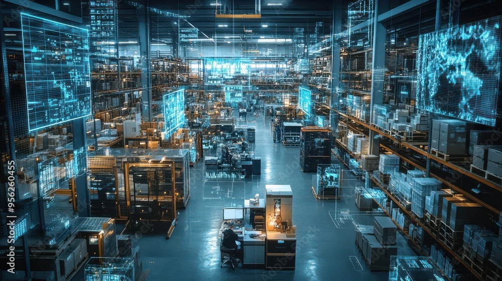Fototapeta premium Exploring the Human Element within a Technology-Driven Warehouse Environment: A Study of Collaboration between Machines and Workers. the seamless integration of advanced technology with human labor