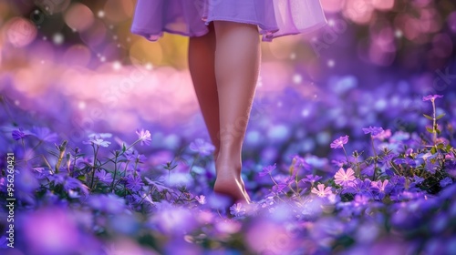 Close up of the legs of a girl in a purple dress, walking barefoot through a colorful field of purple flowers and green foliage, capturing a joyful and relaxing summer scene.