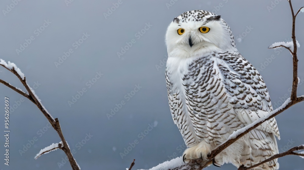 Snowy owl perched on frozen branch in winter landscape Snowy owl perched on frozen branch in winter landscape