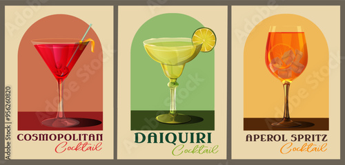 Cocktails retro posters set. Vintage flyers with refreshing alcoholic drinks. Cosmopolitan, Aperol Spritz and Daiquiri. Design elements for bar menu. Vector illustration isolated on background
