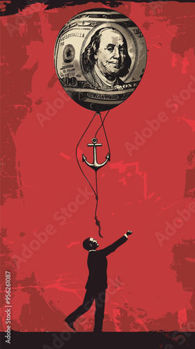 Government businessman throwing anchor tied to dollar balloon, representing monetary policy to control inflation and maintain economic stability