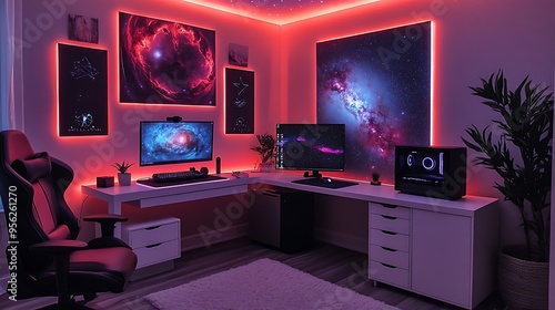 A cosmic-themed gaming room, with a ceiling designed to resemble the Milky Way, sleek modern furniture, and RGB lighting that creates a galaxy-like ambiance,