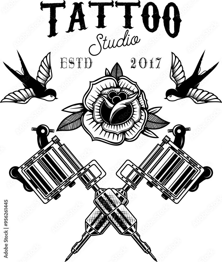 Fototapeta premium Tattoo studio emblem template. Crossed tattoo machine, roses, swallows. Design element for logo, label, sign, poster, t shirt. Vector illustration
