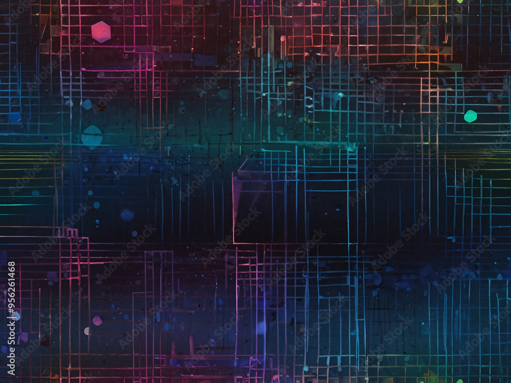 Fototapeta premium Holographic Gradient OverlayIsometric Grid with 3D Shapes